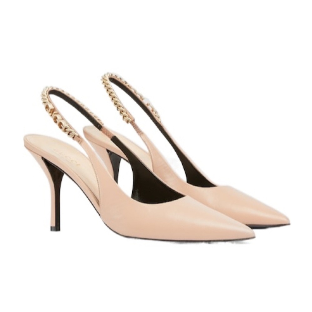 Gucci Women's Nude Pointed-Toe Slingback Pumps with Chain Detail - Picture 5 of 6